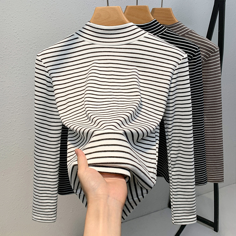 La Mitad de cuello alto de las mujeres que basa la camisa 2023 nuevo contraste de color rayas cepillado camiseta caliente Cintura interior apretado top image 4