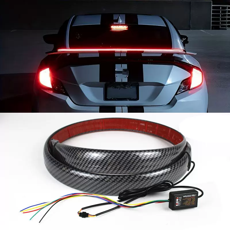 汽车LED尾翼灯 通用改装贯穿尾灯碳纤纹流光转向灯高位制动刹车灯