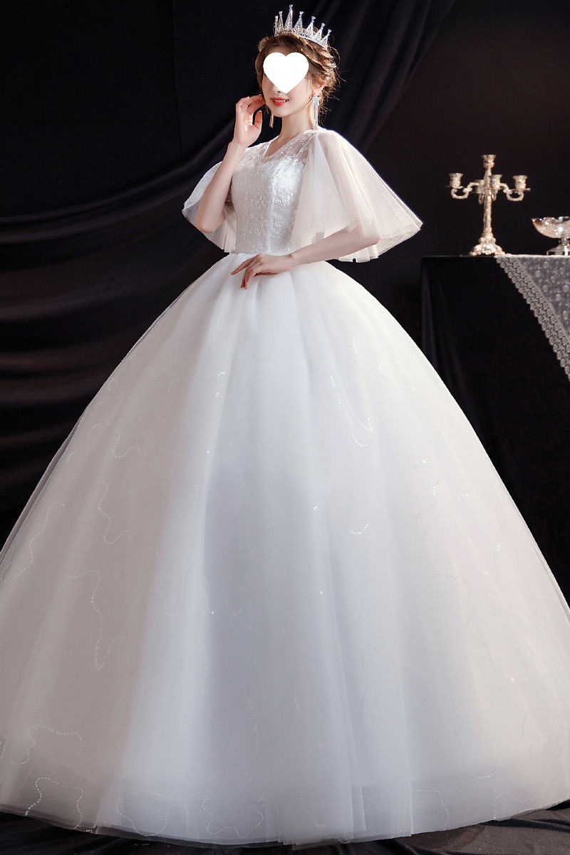 Main Wedding Dress 2025 Short-Sleeved Korean Style Slimming Look Lace Forest Style Simple Floor-Length V Neck Wedding Dress Covering Arms