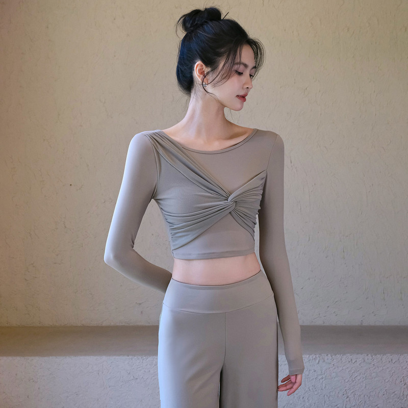 带胸垫瑜伽服舒适透气上衣女秋季新款网纱扭结运动长袖跑步健身|undefined