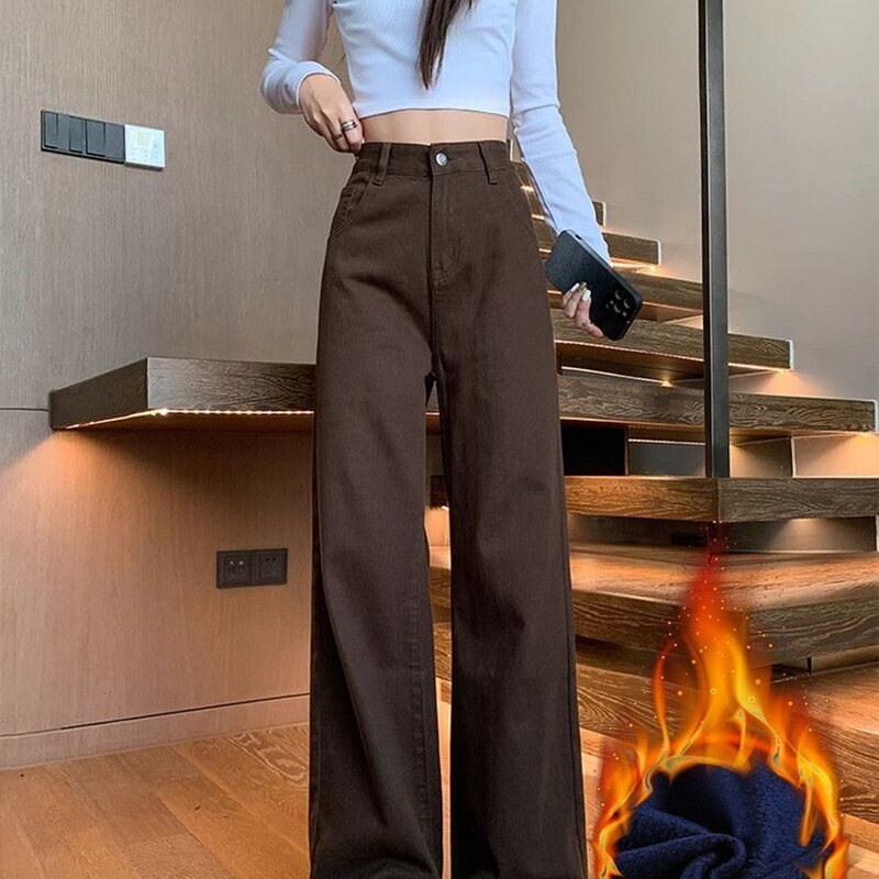 美拉德棕色阔腿牛仔裤女秋冬高腰宽松显瘦大码加绒垂感拖地直筒裤|undefined