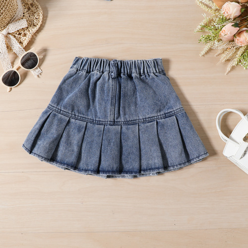  new summer girls denim suit short bow strap strapless denim pleated skirt suit wholesale