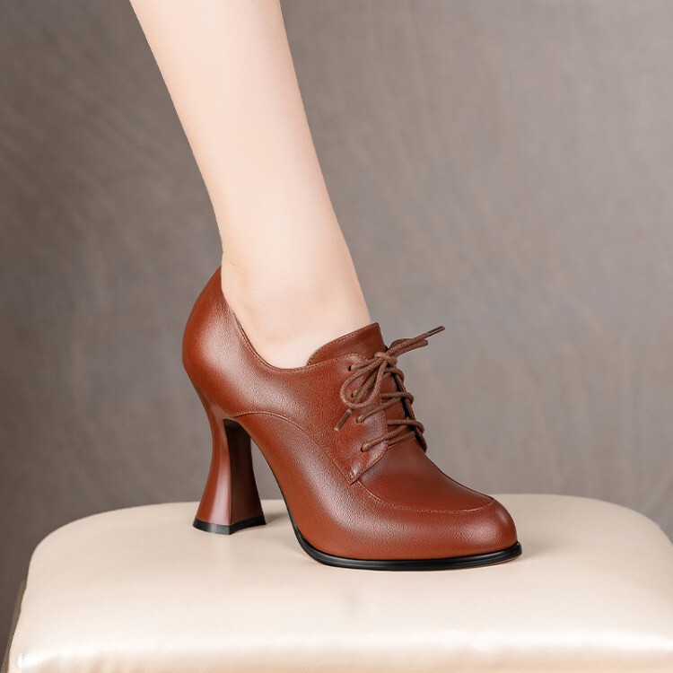 Round-Toe Waterproof Platform High-Heeled Shoes for Women, Spring and Autumn 2025, Lace-Up Brown Deep-Cut Soft Leather Chunky Heel Single Shoes, Trendy