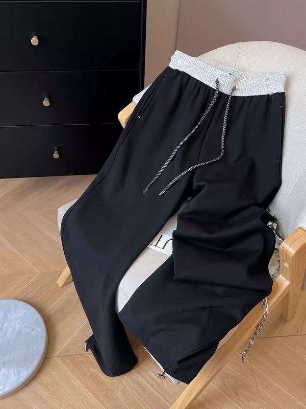 撞色高腰运动卫裤女秋季休闲直筒宽松慵懒松弛感百搭藏蓝色裤子潮|undefined