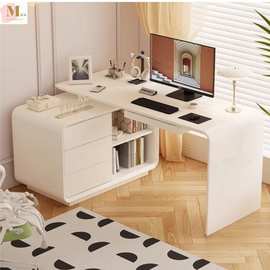 一体法式奶油风电脑台式桌家用办公桌书柜桌双层轻奢现代转角书桌