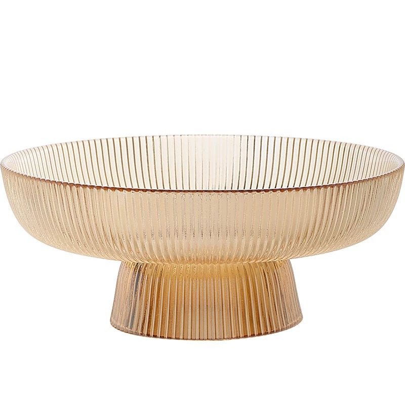 Platos de frutas de vidrio de pies altos, platos de frutas secas a rayas de alta calidad, mesa de té doméstica, bocadillos de pies bajos, platos de frutas de alta calidad