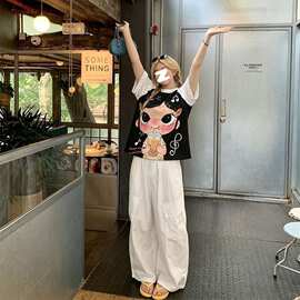 美式复古卡通动漫印花短袖t恤女夏季高级撞色设计感小众宽松上衣