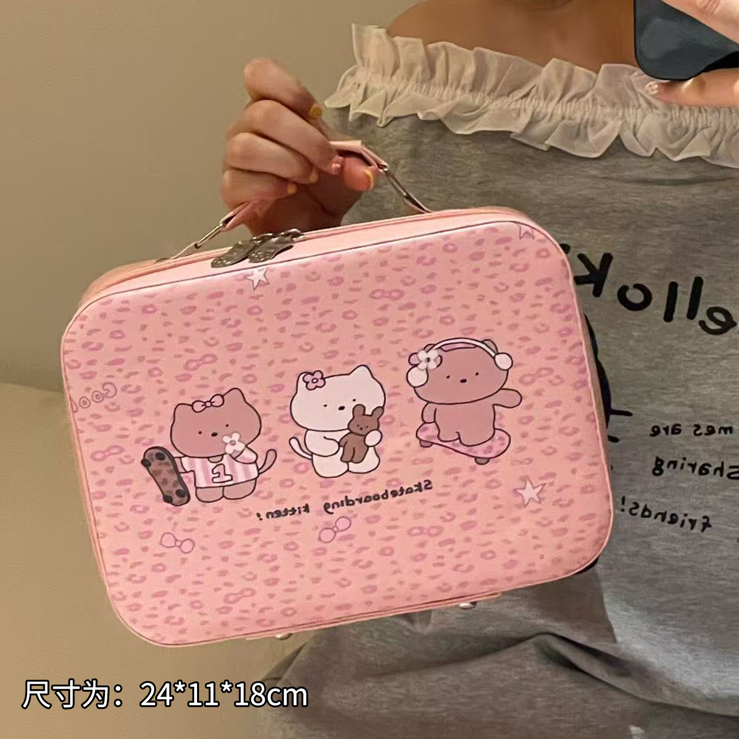 Leopardo gatito bolsa de maquillaje portátil linda gran capacidad portátil espejo impermeable caja de almacenamiento de productos de cuidado de la piel
