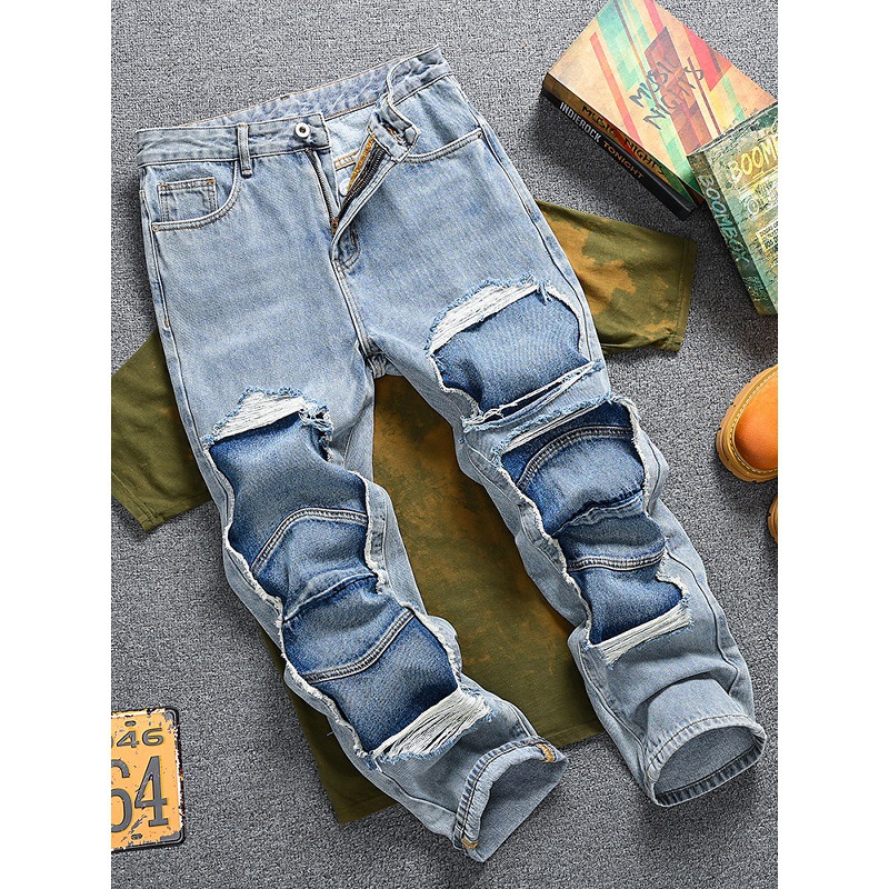 Men's Clothing Retro Distressed Patchwork Jeans For Men, Loose Straight Leg, Trendy Brand Pants._mkmklike.com