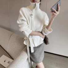 高领拉链针织开衫女冬季2025新款加厚绑带软糯羊毛毛衣