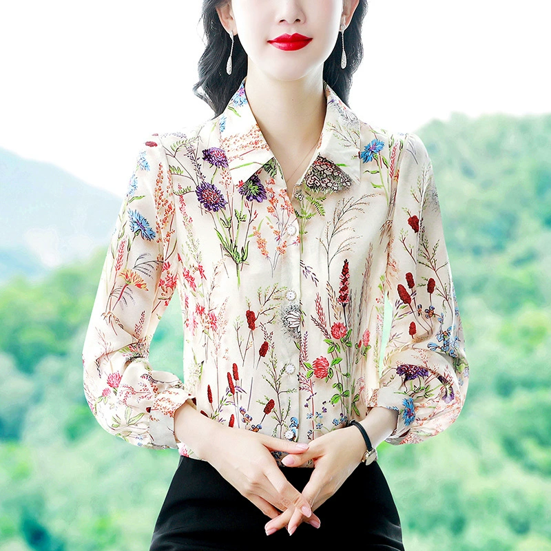 Женская блузка из искусственного шелка (имитация тутового шелка), летняя новинка 2025 года, элегантная приталенная рубашка с длинным рукавом и принтом для женщин