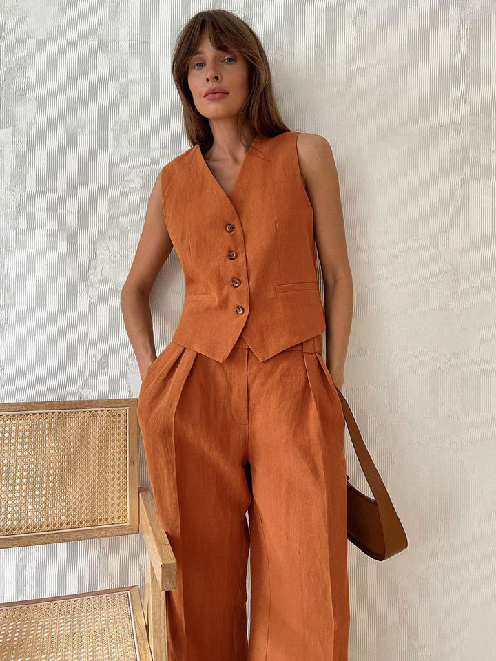 Bộ vest nữ hai mảnh áo vest không tay kèm quần cạp thấp phong cách hiện đại — Kaki, Màu cam, Màu đen chi tiết 22