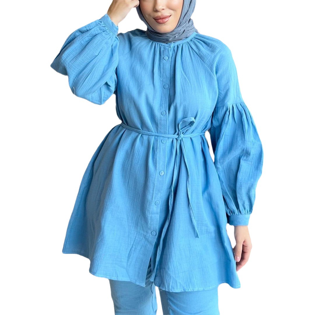 Abbigliamento arabo musulmano transfrontaliero mediorientale Autunno Inverno 2024 Set camicia e pantaloni lunghi, alla moda e_voghion.com