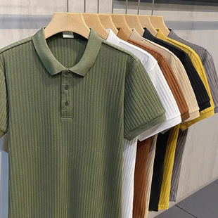 Short-Sleeved Men's Summer Stripesd Jacquard Knitted Breathable Ice Silk T-Shirt Versatile Color Comfortable Polo Shirt Men's Bottoming Shirt