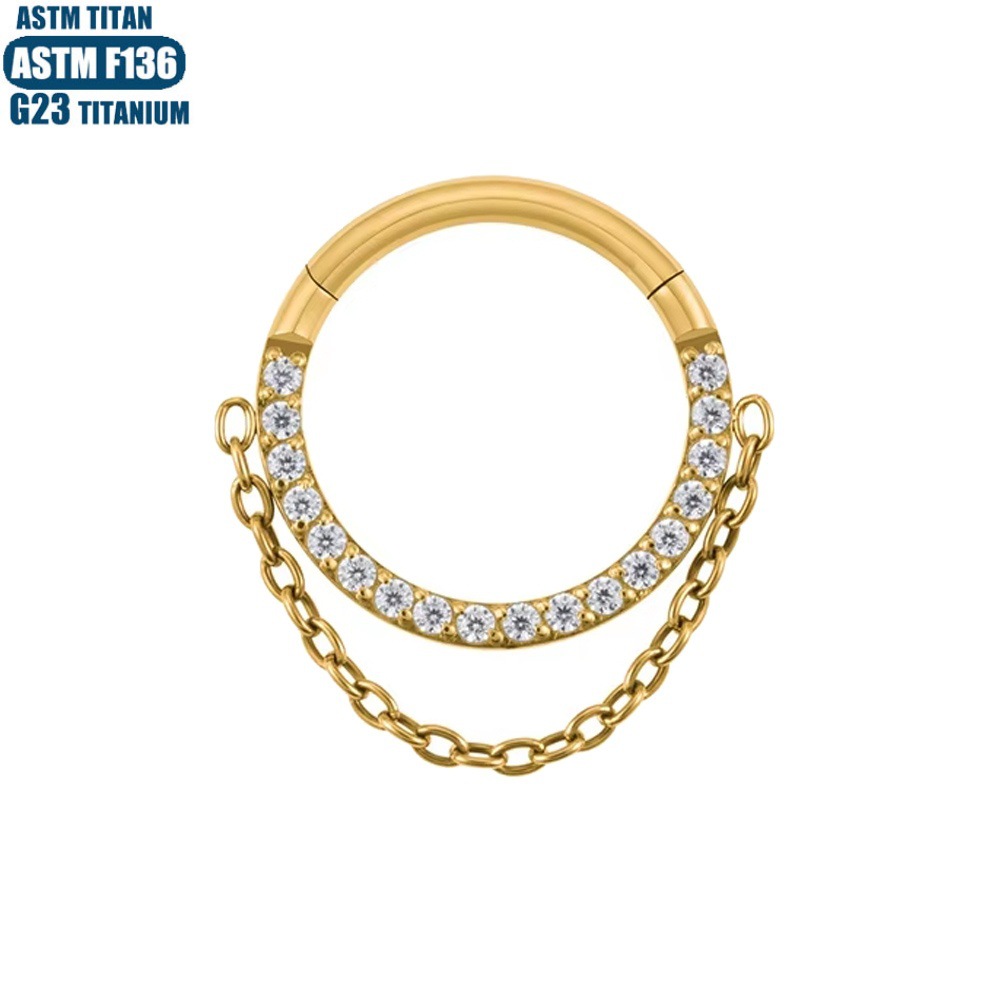 G23 Titanium Hinge Nose Ring with Zircon Chain Earrings - Seamless Open Ring Cartilage Septum Perforated Ear Ring Nose detail image 11