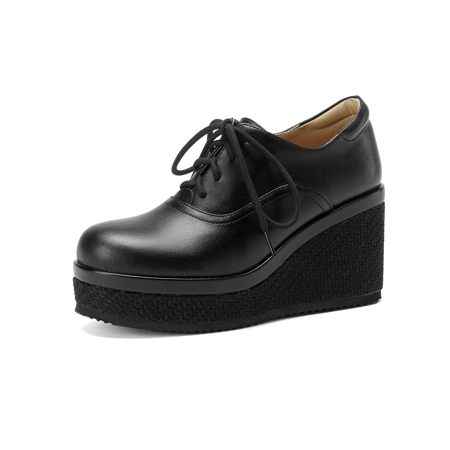 Giày loafer nữ đế xuồng platform da thật buộc dây, gót cao 9 cm — màu đen, màu trắng ngà
