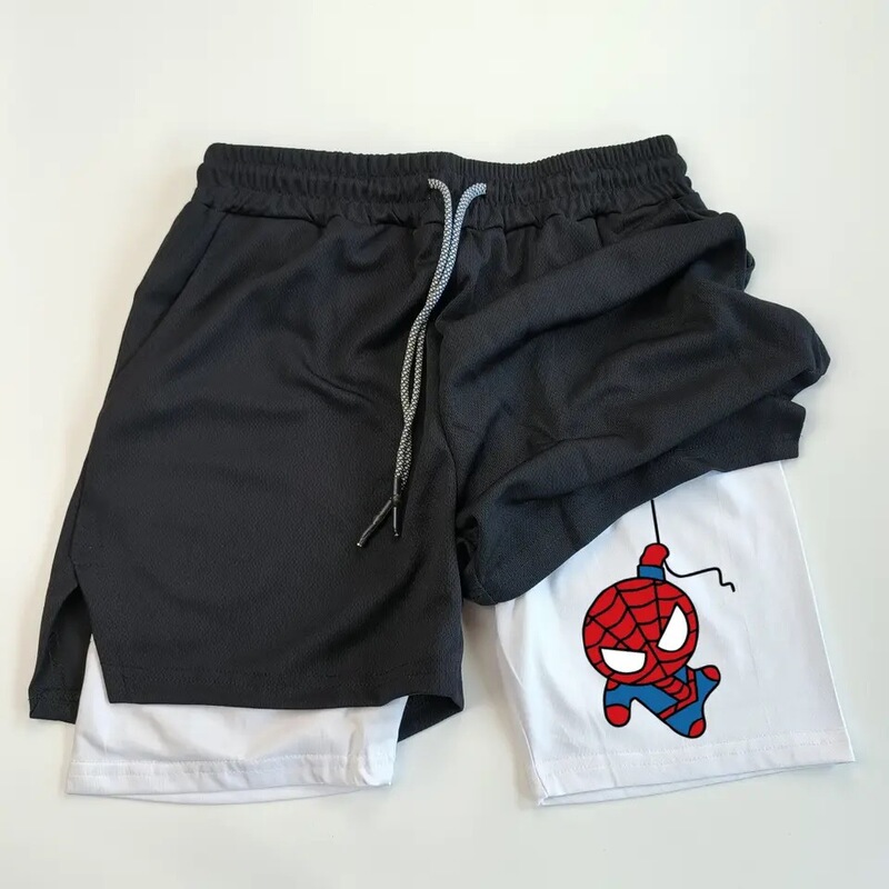 Summer Men's Spy-Themed Double-Layer Fitness Sports Shorts, Casual Versatile Mid-Waist Shorts