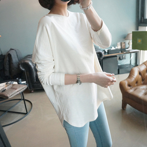  Autumn New Korean Style Hip-Hugging Slit Solid Color Medium-Sleeve Long-Tee Loose T-Shirt BF Trend Top