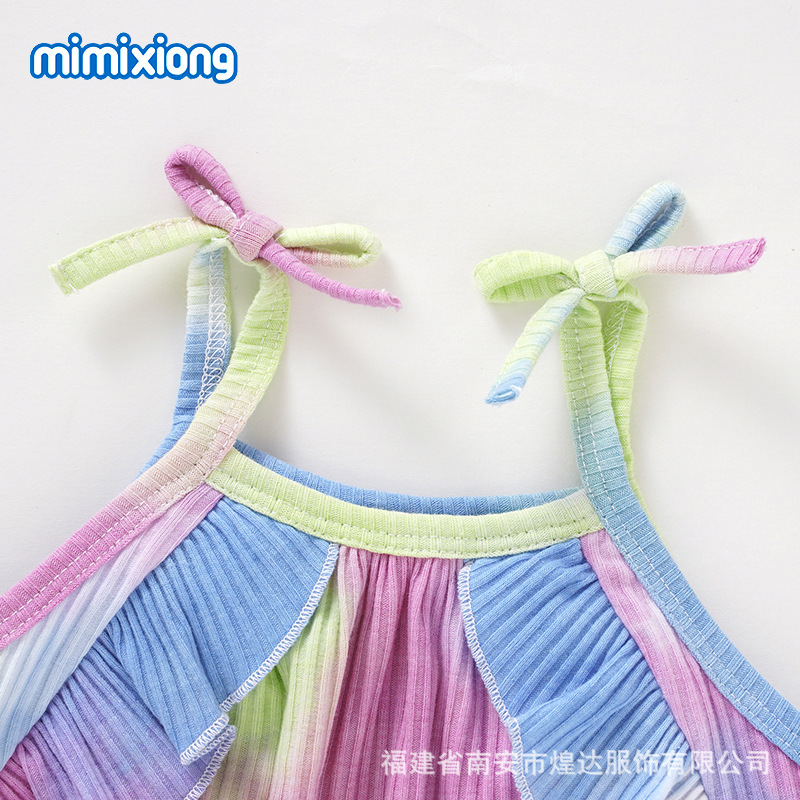 ins热卖女童荷叶花边吊带连体哈衣彩虹印染发带女童哈衣