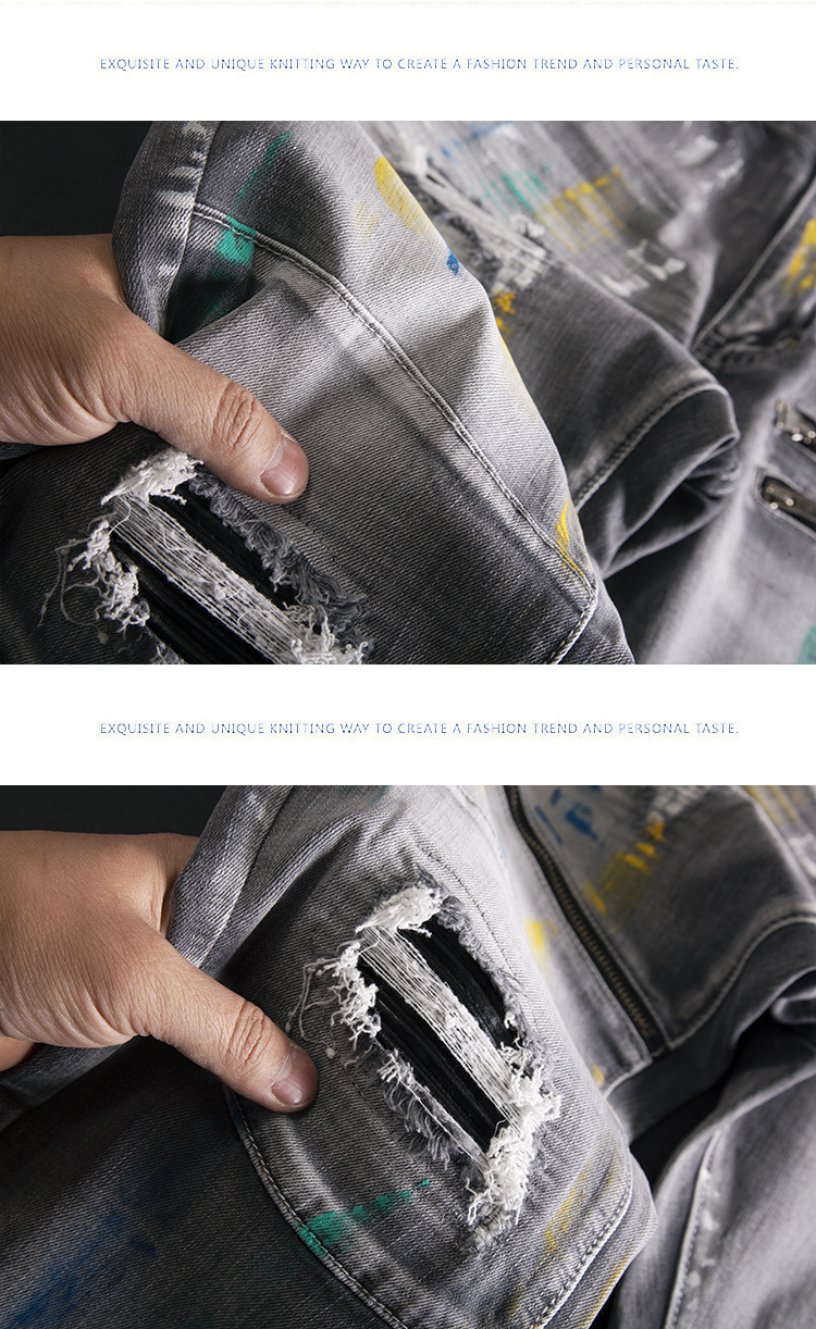 Men’s Slim Fit Ripped Patchwork Jeans With Graffiti Print Retro_voghion.com