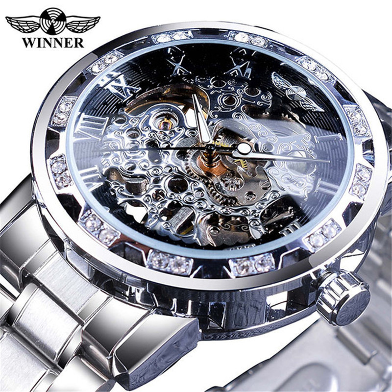 GANADOR 614 hombres correa de acero reloj mecánico hueco transparente inferior rhinestone moda manual reloj mecánico