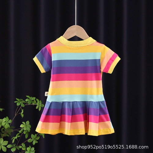 Girls' Summer Dress for 1-2-3 Years Old, 4 Girls' Fashion Summer Outfit for Infants and Toddlers, Collared Striped Short-Sleeve Pleated Skirt