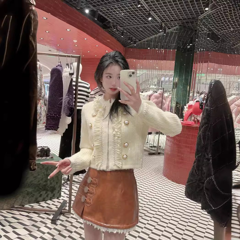 Shenzhen Nanyou Classy Original Niche Sequin Embroidered Tassel Woolen Cardigan Cream Color Woolen Cardigan for Women in Autumn and Winter