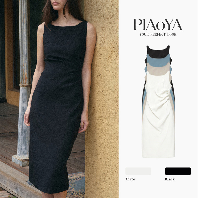 Black tank top dress for women, new summer style, waist-cinching, slit design, high-end, light luxury, slimming, sleeveless, French-style long dress