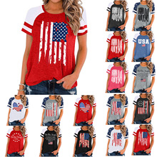跨境 欧美亚马逊夏季女士美国独立日TEMU印花短袖拼接休闲T恤女