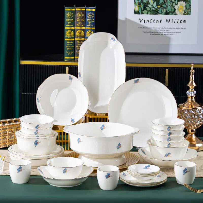 Modern Light Luxury Butterfly Pattern Household Tableware Fresh Bowl and Plate Set High White Bone China Bowl and Plate Light Feather