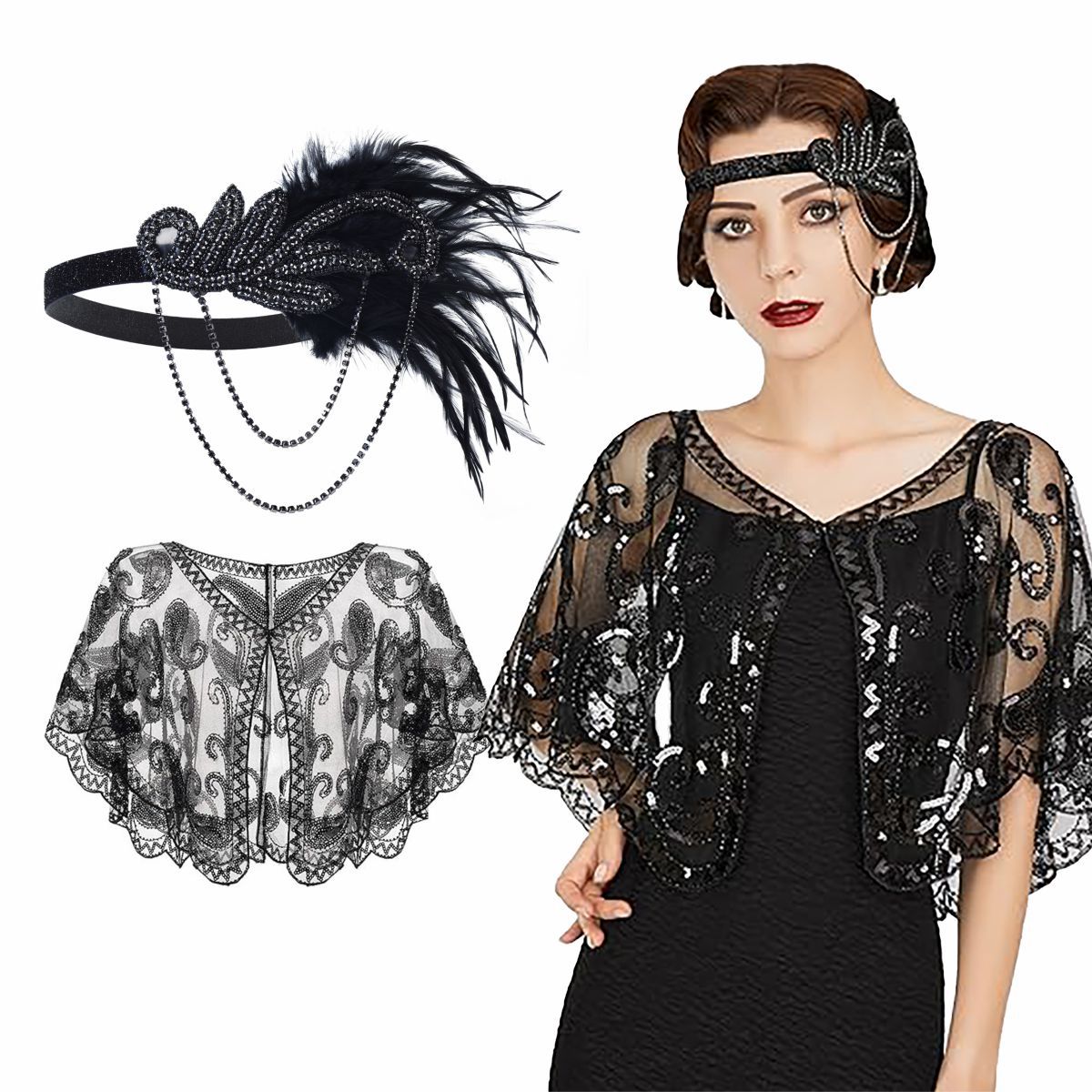 Accesorios de chal correa de cabello correa de cabello joyas de ropa damas 1920s cuentas de sequillas chal plumas toque