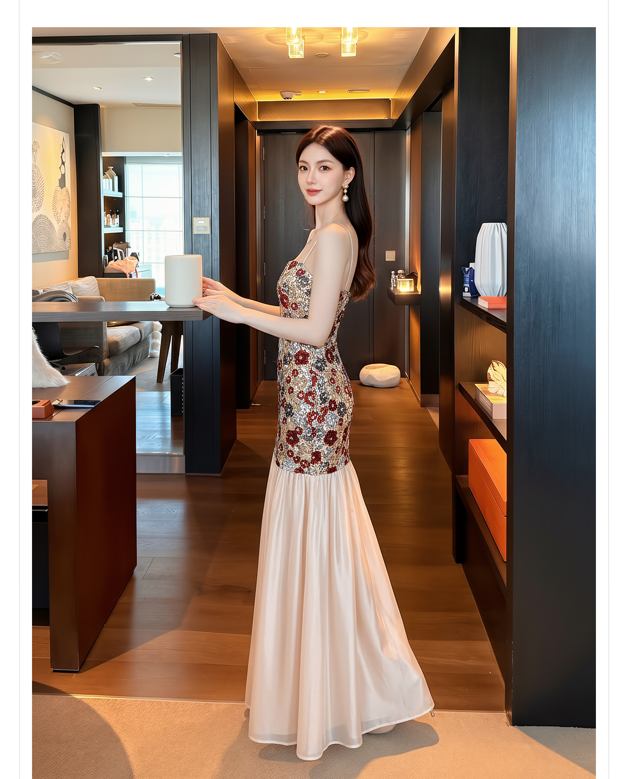 Bộ đầm dây maxi thêu ren kết hợp kim sa phong cách Tân Trung Hoa + áo khoác choàng vai — Trang chủ, bộ đồ, đầm dây chi tiết 8
