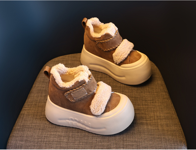 Giày boot nữ cổ cao lót lông cừu đế dày tăng chiều cao, dán Velcro — màu đen chi tiết 4