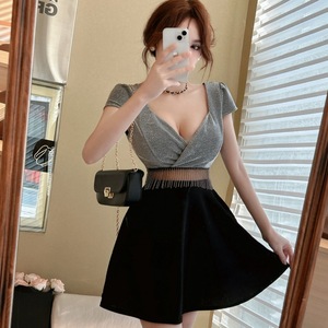 Contrast tassel patchwork large hem slimming short sleeved base dress