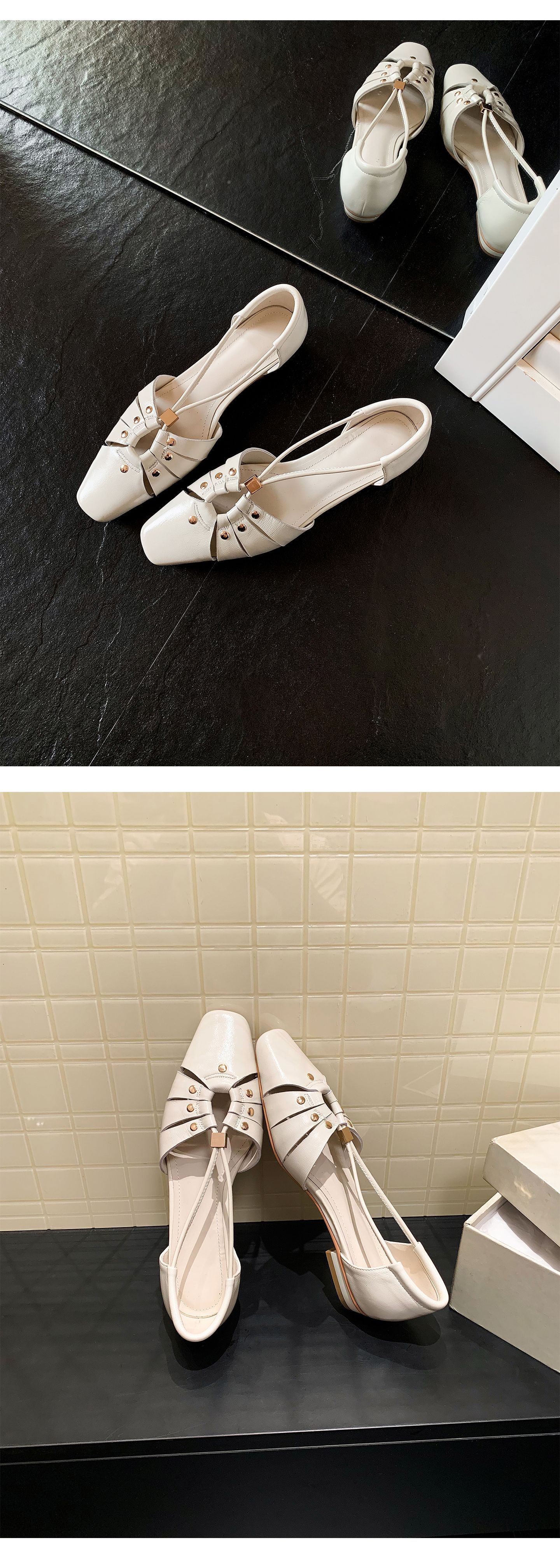 Dép sandal nữ da cừu đinh tán mũi kín gót kín phong cách Hàn Quốc đế bệt — đen chi tiết 7