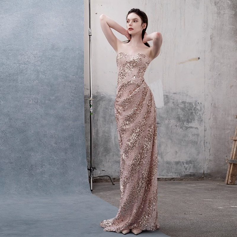 French style light luxury sequined evening dress elegant socialite high-grade tube top engagement dress fishtail host banquet toast dress