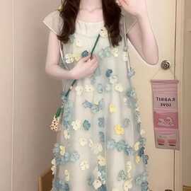 超好看仙女长裙子2025年夏装新品重工立体花朵挂脖显瘦时尚连衣裙