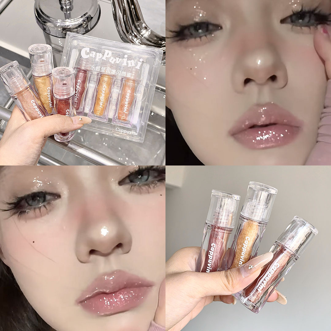 Cappuvini Water-Sensitive Flavoring Lip Honey, brillo de agua, brillo de perla, base, conjunto de miel labial. image 9