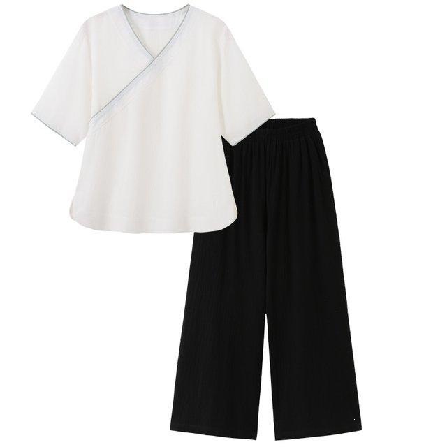 夏新款中式女装文艺复古棉麻V领短袖上衣休闲禅意茶服套装