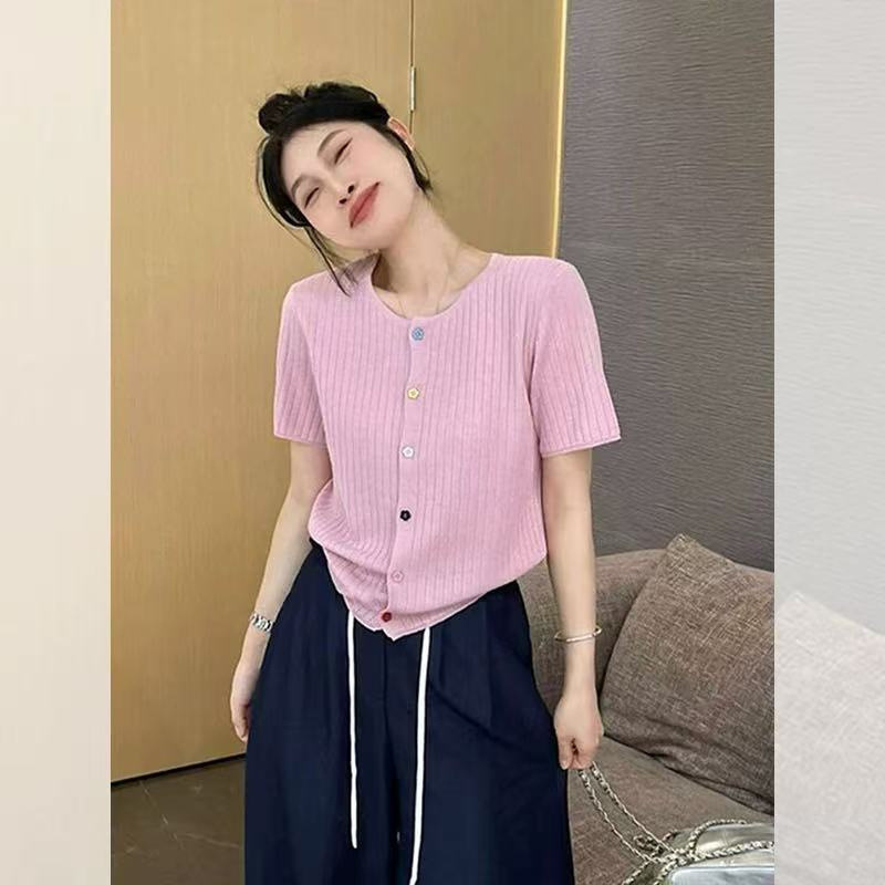 Fuchsia knitted summer thin cardigan with a round collar