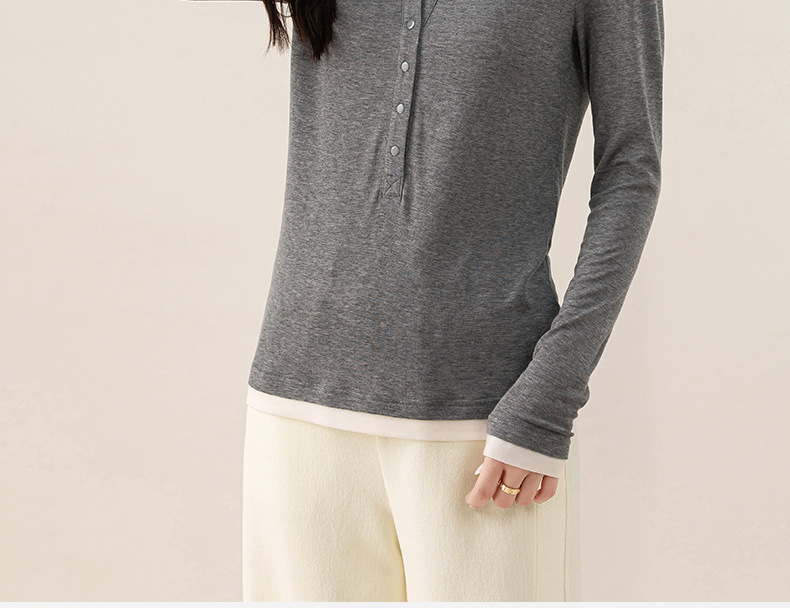 Áo thun giả hai mảnh nữ cổ tròn, chất len Tencel mỏng nhẹ, phối màu patchwork — đen chi tiết 3
