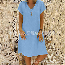 欧美外贸 亚马逊 速卖通 2025夏季新款V领短袖休闲纯色棉麻连衣裙