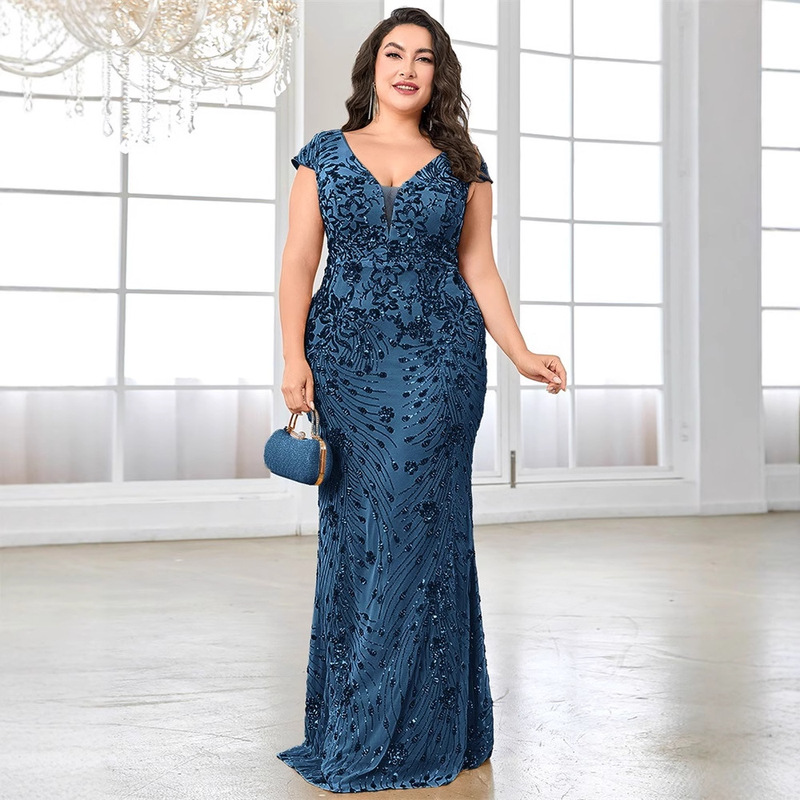New European and American plus size fat woman's sequined evening dress banquet elegant slim fishtail skirt long toast dress New European and American plus size fat woman's sequined evening dress banquet elegant slim fishtail skirt long toast dress