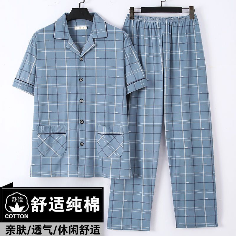 Pajamas de algodón delgado de manga corta para hombres, pajamas de verano, abuelos, padres, pajamas de verano, cuadros