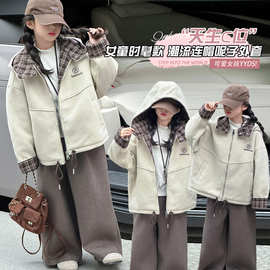 女童秋冬加厚呢大衣2025新款女大童韩版加绒相拼格子连帽毛呢外套