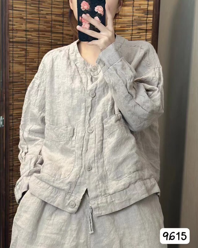 新品复古亚麻复古宽松文艺纯色减龄开衫休闲衬衫外套|undefined