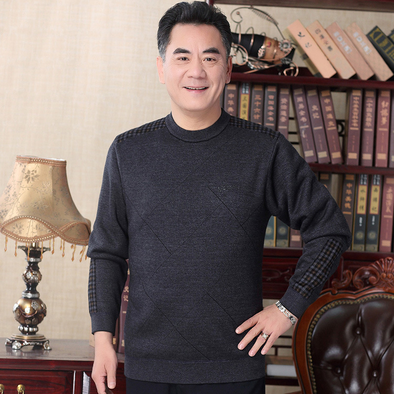 Winter Old Man's Fleece-Lined Sweater for the Elderly, Round Neck Thick Knitted Sweater, Warm Casual Fashion Sweater for Men