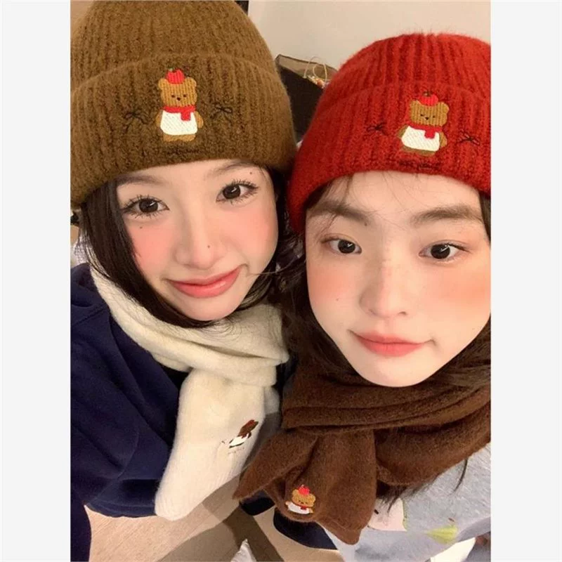 Весенняя и осенняя зимняя теплая и морозостойкая шерстяная шапка толстая шапка из дыни милый мультяшный медведь вязаная шапка женщина