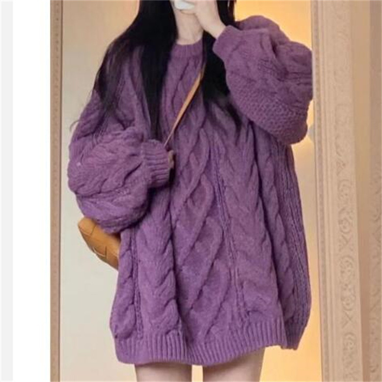 2026 Spring, Autumn, and Winter New Sweet and Fresh Cable Knit Sweater for Women, Loose Fit, Slimming Pullover Knitwear, Lazy Style