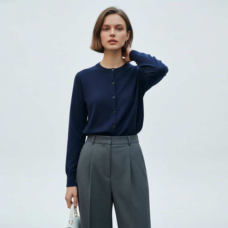 Yaqi Women's Clothing 2026 Spring New Solid Color Cotton Cashmere Knitted Cardigan Round Neck Versatile Slimming Long-Sleeved Sweater Jacket
